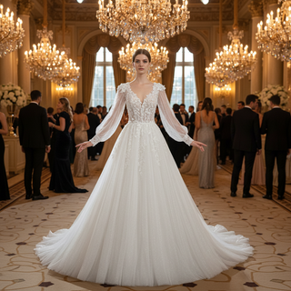 Deep V-Neck A-Line Puff Bishop Sleeves Wedding Dress with 3D Floral Lace Appliqués