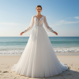 Deep V-Neck A-Line Puff Bishop Sleeves Wedding Dress with 3D Floral Lace Appliqués