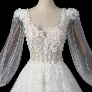 Deep V-Neck A-Line Puff Bishop Sleeves Wedding Dress with 3D Floral Lace Appliqués