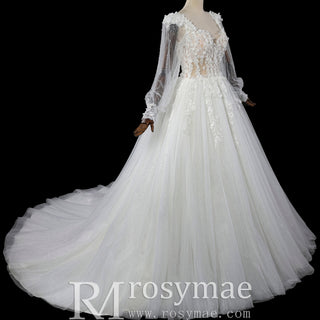Deep V-Neck A-Line Puff Bishop Sleeves Wedding Dress with 3D Floral Lace Appliqués