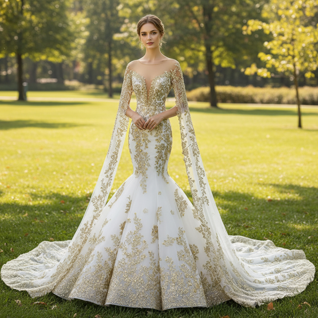 Gorgeous High-end Trumpet Wedding Dress with Long Cape Sleeve Rosymae Gorgeous High-end Trumpet Wedding Dress with Long Cape Sleeve Rosymae