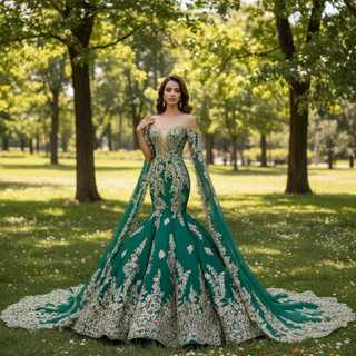 Gorgeous High-end Trumpet Wedding Dress with Long Cape Sleeve