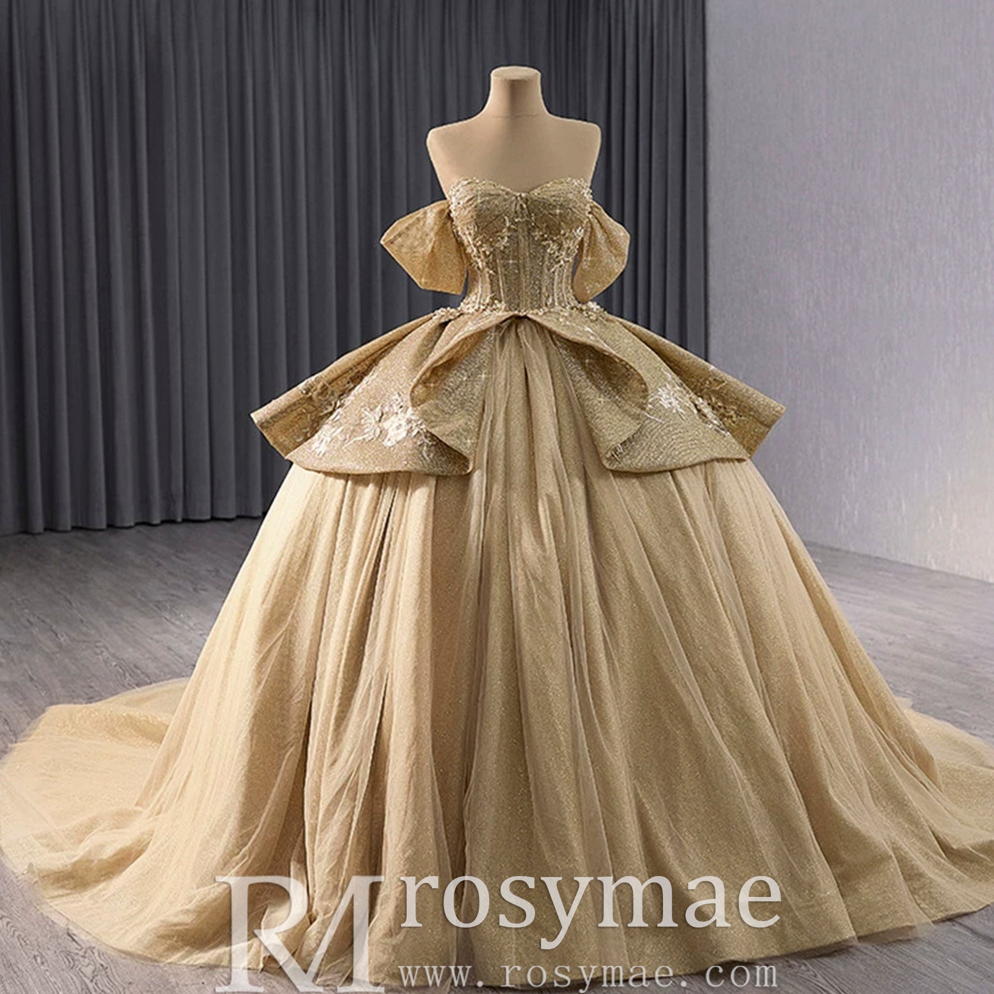 Champagne Gold Wedding Gown Off The Shoulder Quinceanera Dress Champagne Gold / 26W Champagne Gold Wedding Gown Off The Shoulder Quinceanera Dress Champagne Gold / 26W