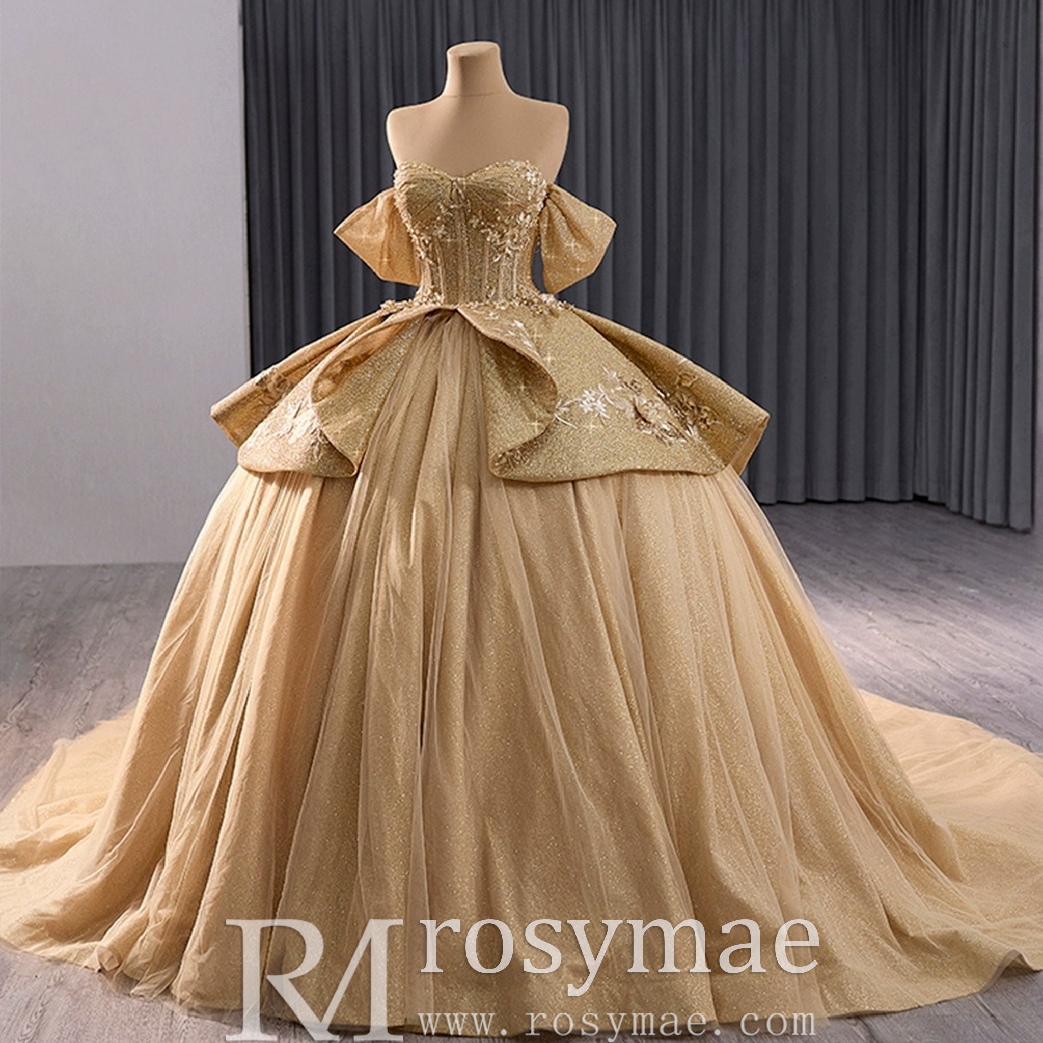 Champagne Gold Wedding Gown Off the Shoulder Quinceanera Dress Champagne Gold / 26W Champagne Gold Wedding Gown Off the Shoulder Quinceanera Dress Champagne Gold / 26W