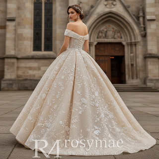 Glittery Champagne Gold Wedding Dress with Off the Shoulder