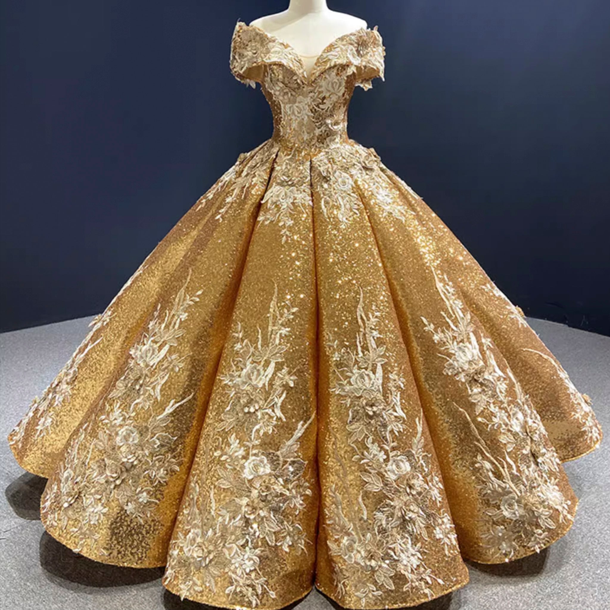 Off The Shoulder Gold Floral Quinceaera Dresses Formal Gown Gold / 10 Off The Shoulder Gold Floral Quinceaera Dresses Formal Gown Gold / 10