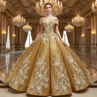 Off the Shoulder Gold Floral Quinceañera Dresses Formal Gown