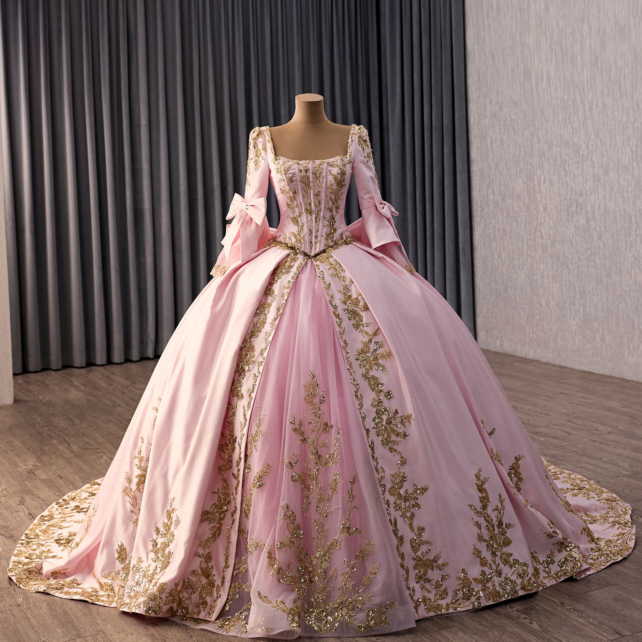Candy Pink Quinceaera Ball Gown with Gold Lace Appliqus and Back Bow Rosymae Candy Pink Quinceaera Ball Gown with Gold Lace Appliqus and Back Bow Rosymae