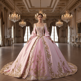 Candy Pink Quinceañera Ball Gown with Gold Lace Appliqués and Back Bow