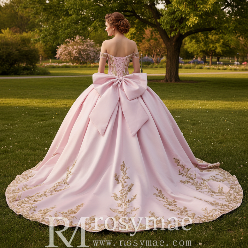 Candy Pink Quinceaera Ball Gown with Gold Lace Appliqus and Back Bow Rosymae Candy Pink Quinceaera Ball Gown with Gold Lace Appliqus and Back Bow Rosymae