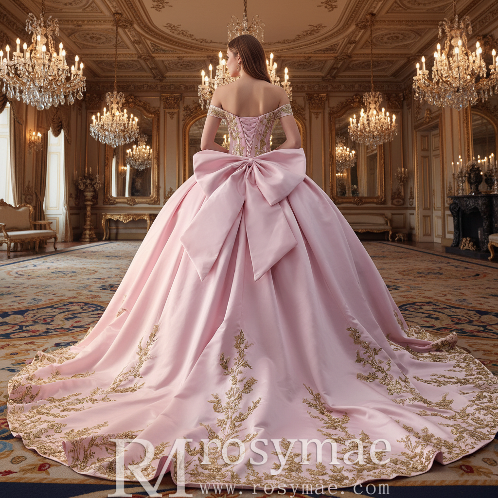 Candy Pink Quinceaera Ball Gown with Gold Lace Appliqus and Back Bow Rosymae Candy Pink Quinceaera Ball Gown with Gold Lace Appliqus and Back Bow Rosymae