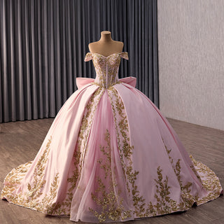 Candy Pink Quinceañera Ball Gown with Gold Lace Appliqués and Back Bow