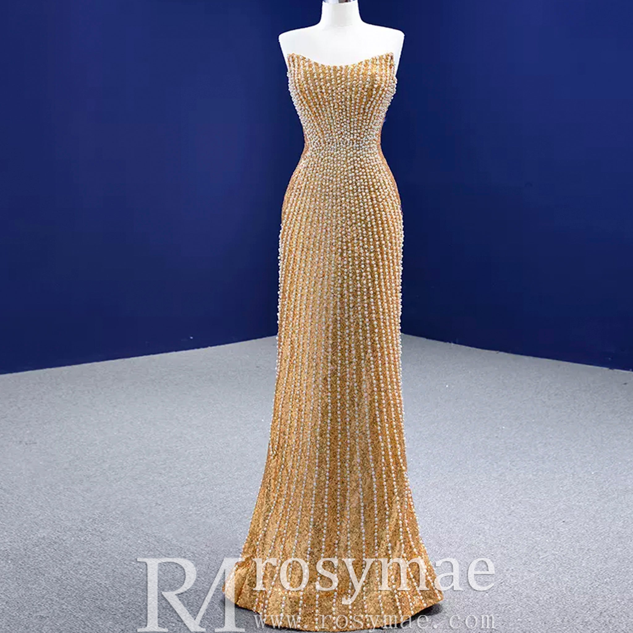 Strapless Gold Sheath Pearl Prom Dress with Boat Neckline Gold / 10 Strapless Gold Sheath Pearl Prom Dress with Boat Neckline Gold / 10