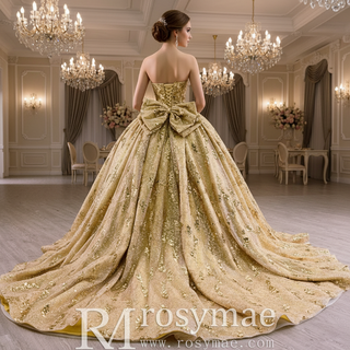 Robe de bal princesse Quinceañera sans bretelles, dorée et scintillante, avec nœud papillon