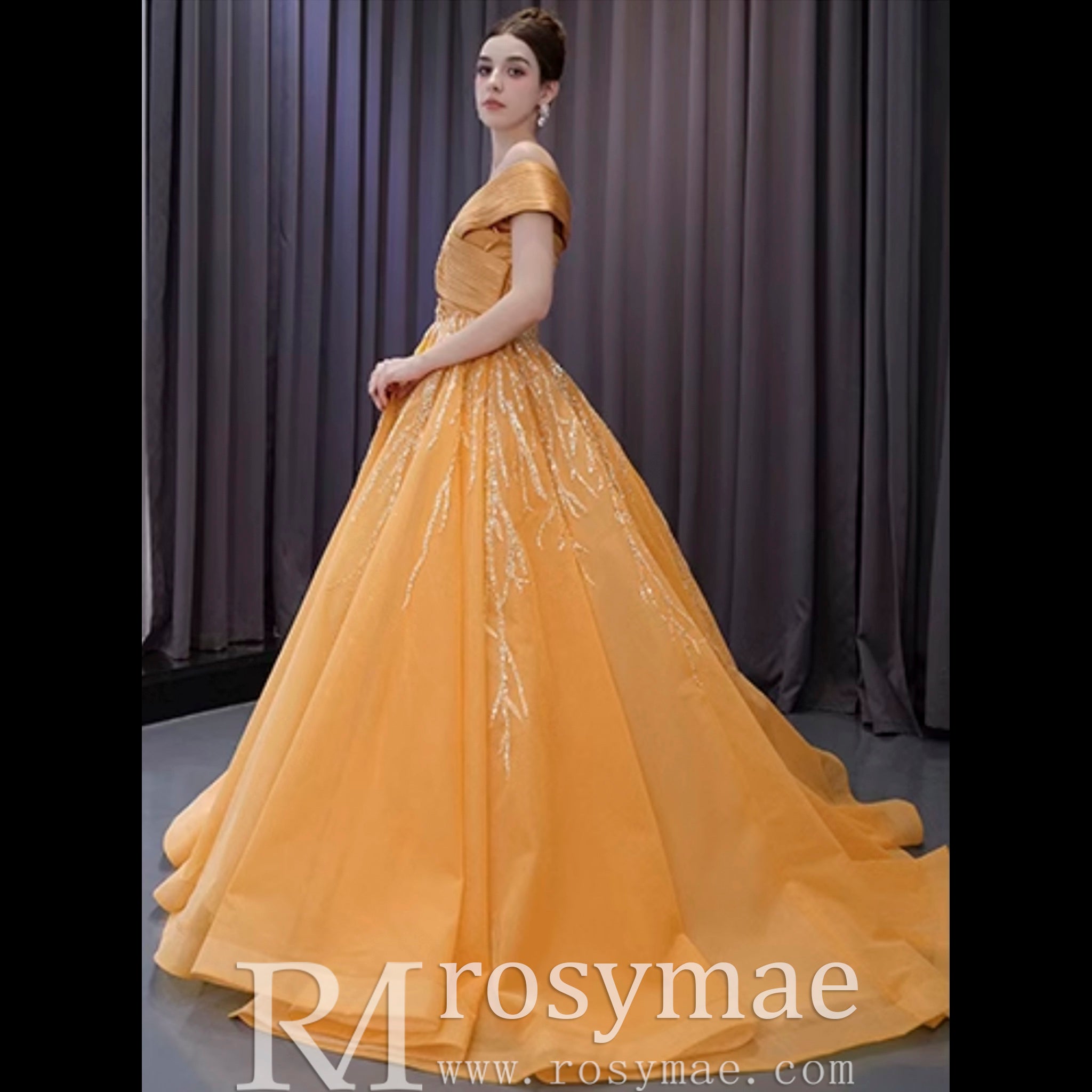 Off the Shoulder Gold Wedding Dress Ball Gown Quinceanera Gown Gold / 18 Off the Shoulder Gold Wedding Dress Ball Gown Quinceanera Gown Gold / 18