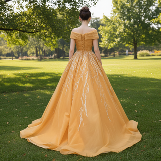 Off the Shoulder Gold Wedding Dress Ball Gown Quinceanera Gown