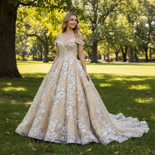 Golden Wedding Dress 3D Embroidery Lace Bridal Gowns