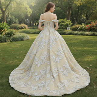 Golden Wedding Dress 3D Embroidery Lace Bridal Gowns