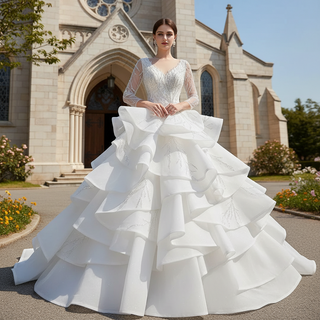 Beaded Lace Apliqued Ruffled Wedding Dresses Long Sleeve Bridal Gown
