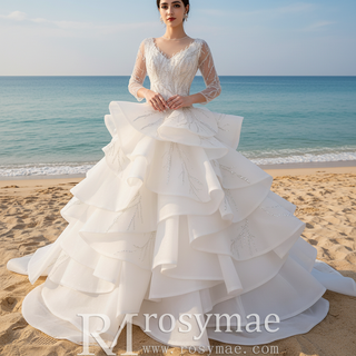 Beaded Lace Apliqued Ruffled Wedding Dresses Long Sleeve Bridal Gown