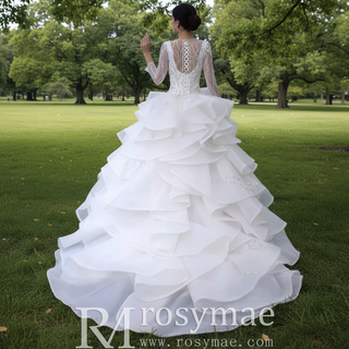 Beaded Lace Apliqued Ruffled Wedding Dresses Long Sleeve Bridal Gown