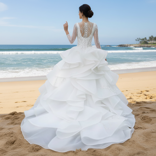 Beaded Lace Apliqued Ruffled Wedding Dresses Long Sleeve Bridal Gown