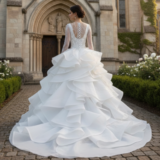 Beaded Lace Apliqued Ruffled Wedding Dresses Long Sleeve Bridal Gown