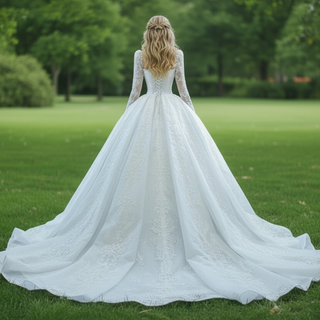 Vintage Beaded Lace Sheer Scoop Wedding Dress with Long Sleeves