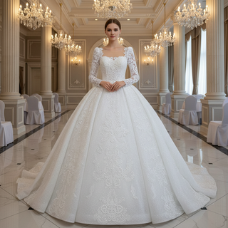 Vintage Beaded Lace Sheer Scoop Wedding Dress with Long Sleeves