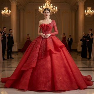 Beaded Lace Ruffle Skirt Quinceanera Dress with One Shoulder