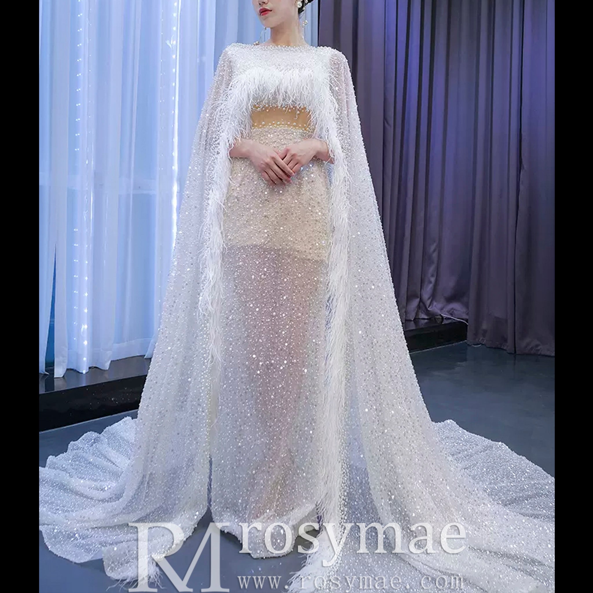 Luxury Beaded Cape Sleeve Sheath Wedding Dress with Feather White / 26W Luxury Beaded Cape Sleeve Sheath Wedding Dress with Feather White / 26W