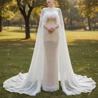 Luxury Beaded Cape Sleeve Sheath Wedding Dress with Feather