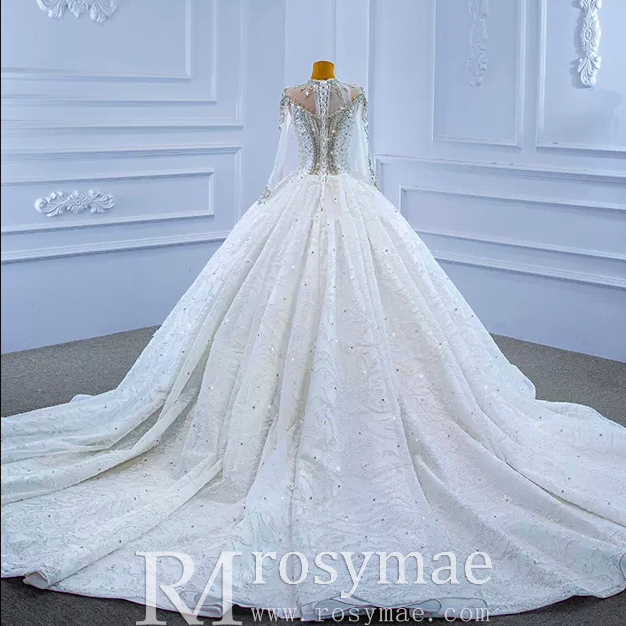 Mock Neck Long Sleeve Ball Gown Wedding Dress Luxury Bridal Gown White / 12 Mock Neck Long Sleeve Ball Gown Wedding Dress Luxury Bridal Gown White / 12