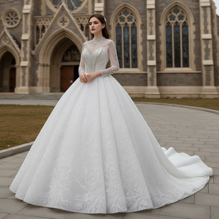 Mock Neck Long Sleeve Ball Gown Wedding Dress Luxury Bridal Gown