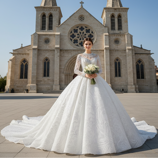 Mock Neck Long Sleeve Ball Gown Wedding Dress Luxury Bridal Gown