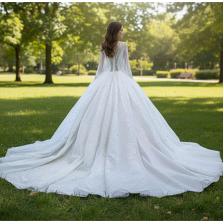 Mock Neck Long Sleeve Ball Gown Wedding Dress Luxury Bridal Gown
