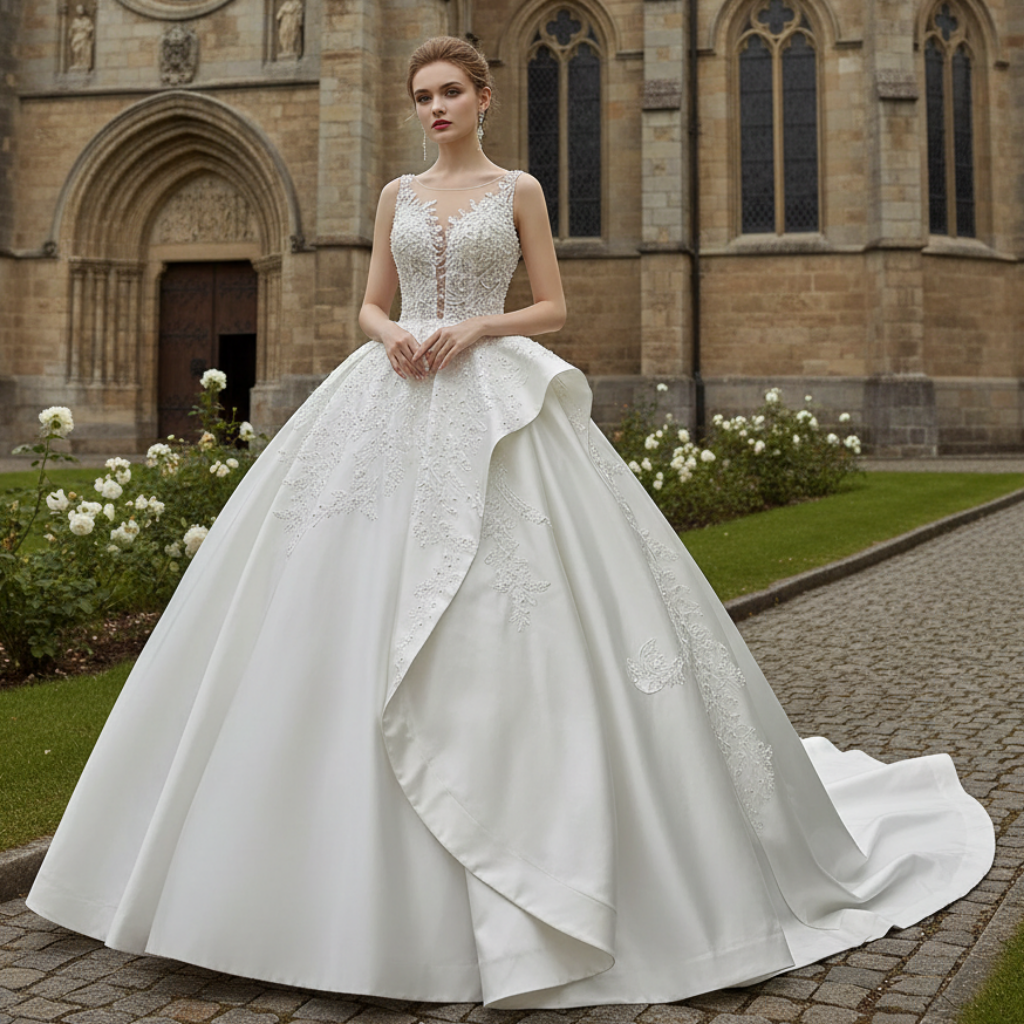 Lace Appliqued Satin Wedding Dress Ball Gown Puffy Bridal Gown – Rosymae Lace Appliqued Satin Wedding Dress Ball Gown Puffy Bridal Gown – Rosymae
