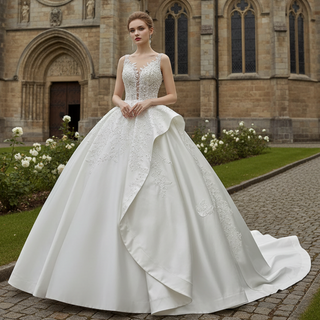Lace Appliqued Satin Wedding Dress Ball Gown Puffy Bridal Gown