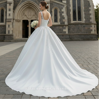 Lace Appliqued Satin Wedding Dress Ball Gown Puffy Bridal Gown