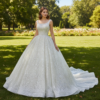 Ball Gown Square Neckline Sparkly Wedding Dress with Big Train