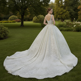 Ball Gown Square Neckline Sparkly Wedding Dress with Big Train