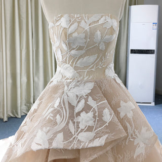 Light Champagne Fairy Tale Tulle Lace Wedding Dress with Ruffle Skirt