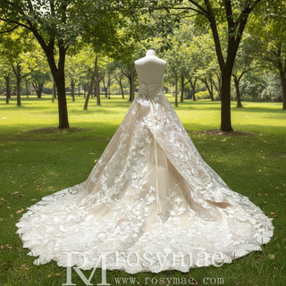 Light Champagne Fairy Tale Tulle Lace Wedding Dress with Ruffle Skirt