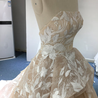 Light Champagne Fairy Tale Tulle Lace Wedding Dress with Ruffle Skirt