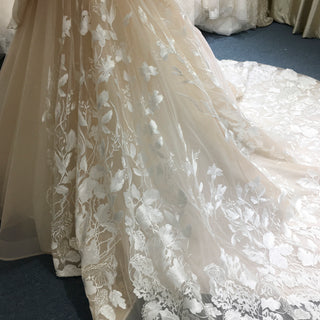 Light Champagne Fairy Tale Tulle Lace Wedding Dress with Ruffle Skirt