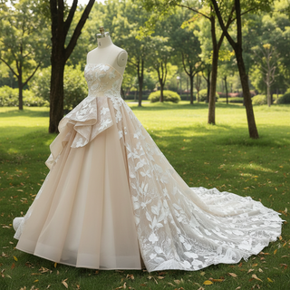 Light Champagne Fairy Tale Tulle Lace Wedding Dress with Ruffle Skirt