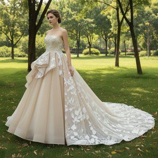 Light Champagne Fairy Tale Tulle Lace Wedding Dress with Ruffle Skirt