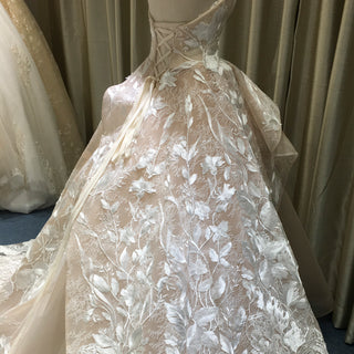 Light Champagne Fairy Tale Tulle Lace Wedding Dress with Ruffle Skirt