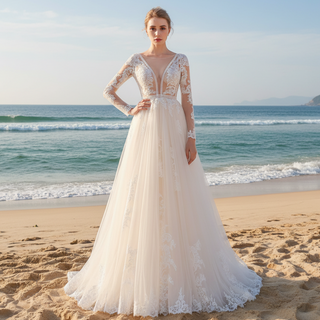 Long Sleeve See Through Tulle A-Line Wedding Dresses