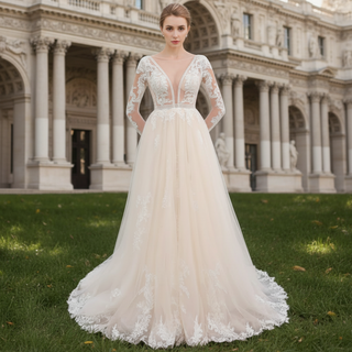 Long Sleeve See Through Tulle A-Line Wedding Dresses